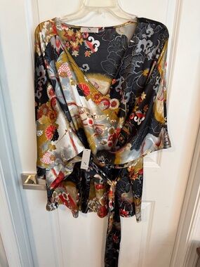 Natori Black, Gold & Red Floral Silk Wrap Blouse